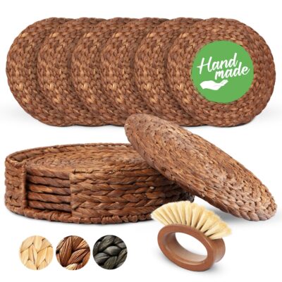 Round Woven Placemats Set of 6 | Handmade Wicker Placemats with Bamboo Brush | Rattan Chargers for Dinner Plates | Rustic Boho Placemats (Round Brown 11.8 in)