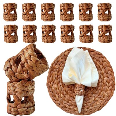 DecoraWell Woven Napkin Rings Set of 12, Rattan Napkin Rings for Christmas, Baby Shower, Birthday, Rustic Wedding Decorations, Farmhouse, Boho Tabletop Decor Set(Brown Hyacinth)