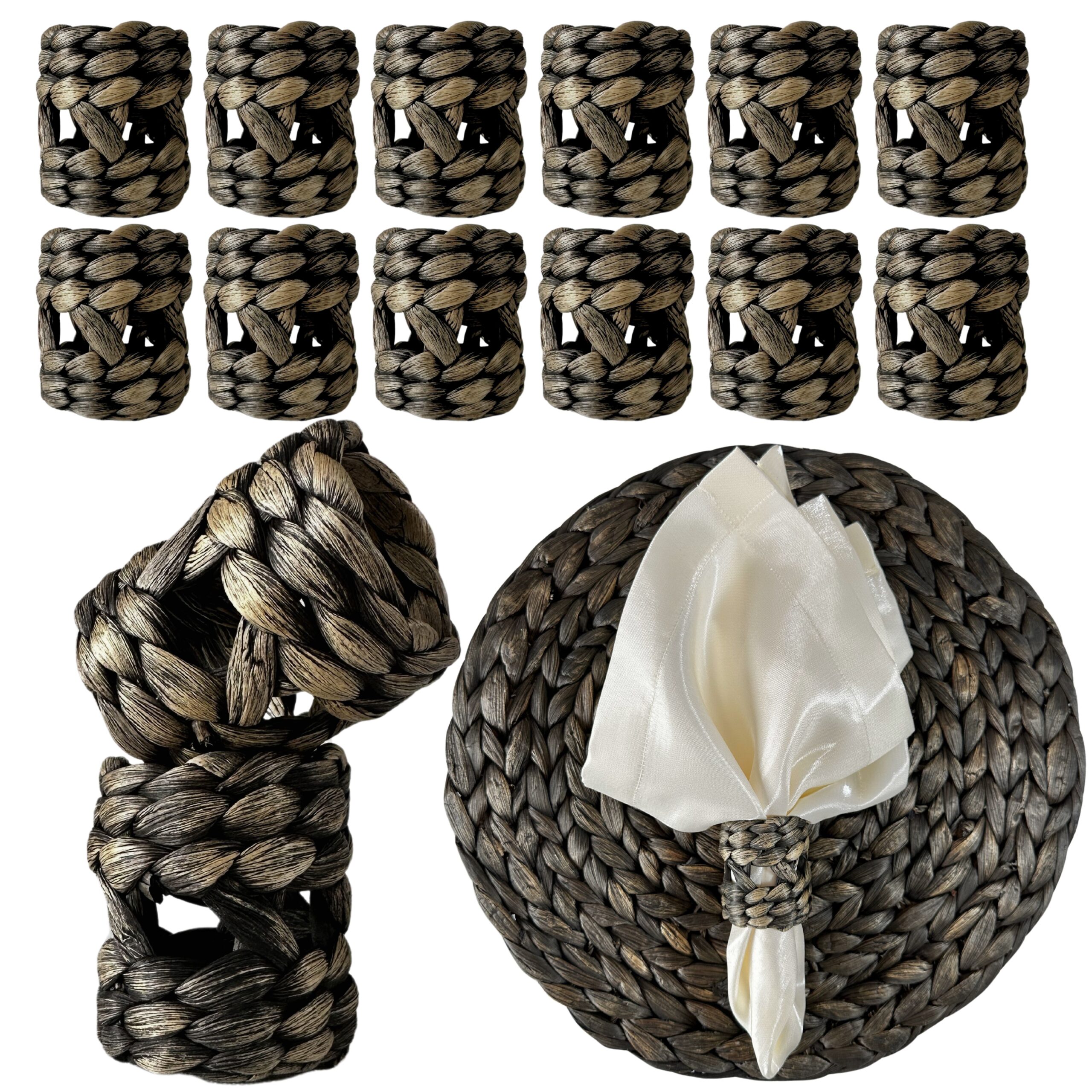 DecoraWell Woven Napkin Rings Set of 12, Rattan Napkin Rings for Christmas, Baby Shower, Birthday, Rustic Wedding Decorations, Farmhouse, Boho Tabletop Decor Set(Black Hyacinth)