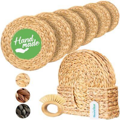 Round Woven Placemats Set of 6 | Handmade Wicker Placemats with Bamboo Brush | Rattan Chargers for Dinner Plates | Rustic Boho Placemats (Tall Natural, 13.5 in)