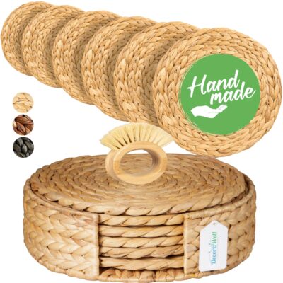 Round Woven Placemats Set of 6 | Handmade Wicker Placemats with Bamboo Brush  | Rattan Chargers for Dinner Plates | Rustic Boho Placemats (Round Natural, 13.5 in)