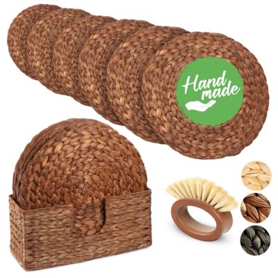 Round Woven Placemats Set of 6 | Handmade Wicker Placemats with Bamboo Brush  | Rattan Chargers for Dinner Plates | Rustic Boho Placemats (Tall Brown, 13.5 in)