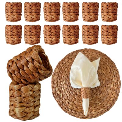 DecoraWell Woven Napkin Rings Set of 12, Rattan Napkin Rings for Christmas, Baby Shower, Birthday, Rustic Wedding Decorations, Farmhouse, Boho Tabletop Decor Set(Brown Daisy)