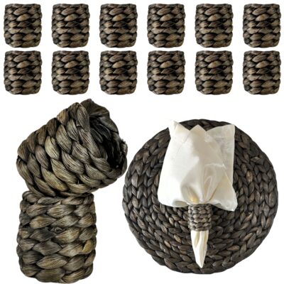 DecoraWell Woven Napkin Rings Set of 12, Rattan Napkin Rings for Christmas, Baby Shower, Birthday, Rustic Wedding Decorations, Farmhouse, Boho Tabletop Decor Set(Black Daisy)