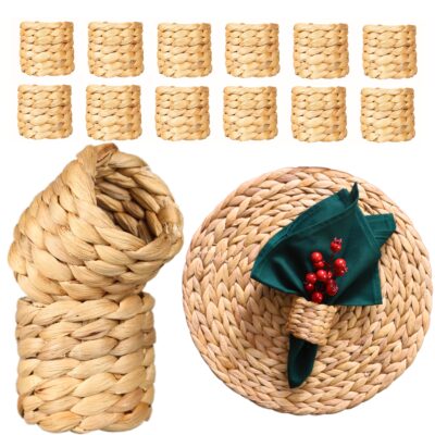 DecoraWell Woven Napkin Rings Set of 12, Rattan Napkin Rings for Christmas, Baby Shower, Birthday, Rustic Wedding Decorations, Farmhouse, Boho Tabletop Decor Set(Natural Daisy)