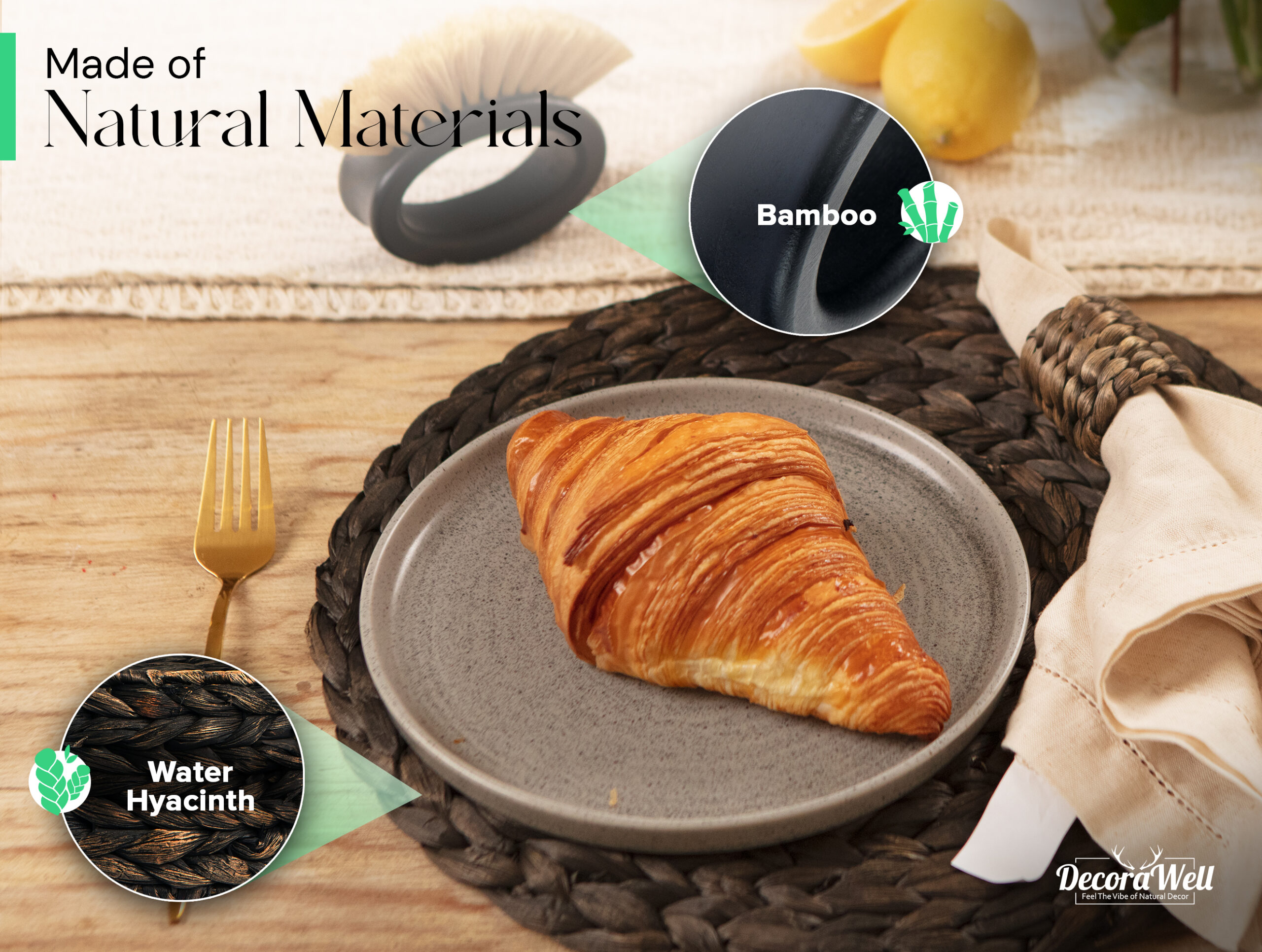 Round Woven Placemats Set of 6 | Handmade Wicker Placemats with Bamboo Brush | Rattan Chargers for Dinner Plates | Rustic Boho Placemats (Round Black, 13.5 in) - Görsel 2