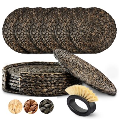 Round Woven Placemats Set of 6 | Handmade Wicker Placemats with Bamboo Brush | Rattan Chargers for Dinner Plates | Rustic Boho Placemats (Round Black 11.8 in)