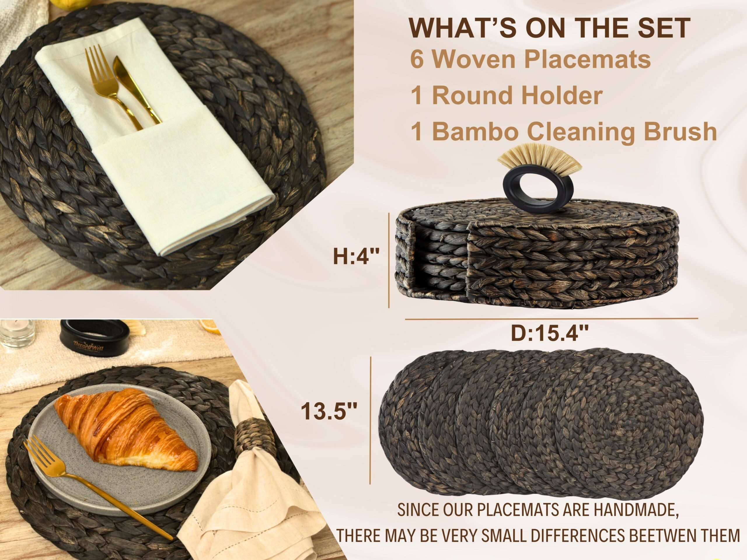 Round Woven Placemats Set of 6 | Handmade Wicker Placemats with Bamboo Brush | Rattan Chargers for Dinner Plates | Rustic Boho Placemats (Round Black, 13.5 in) - Görsel 3