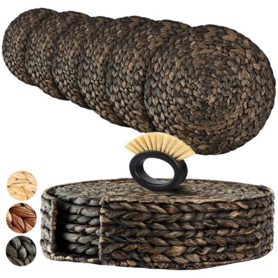 Round Woven Placemats Set of 6 | Handmade Wicker Placemats with Bamboo Brush  | Rattan Chargers for Dinner Plates | Rustic Boho Placemats (Round Black, 13.5 in)