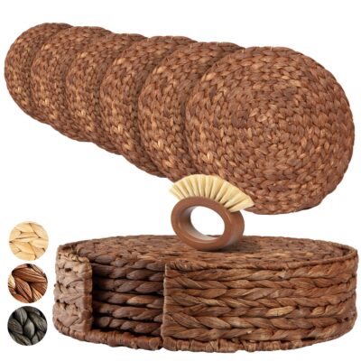 Round Woven Placemats Set of 6 | Handmade Wicker Placemats with Bamboo Brush  | Rattan Chargers for Dinner Plates | Rustic Boho Placemats (Round Brown, 13.5 in)