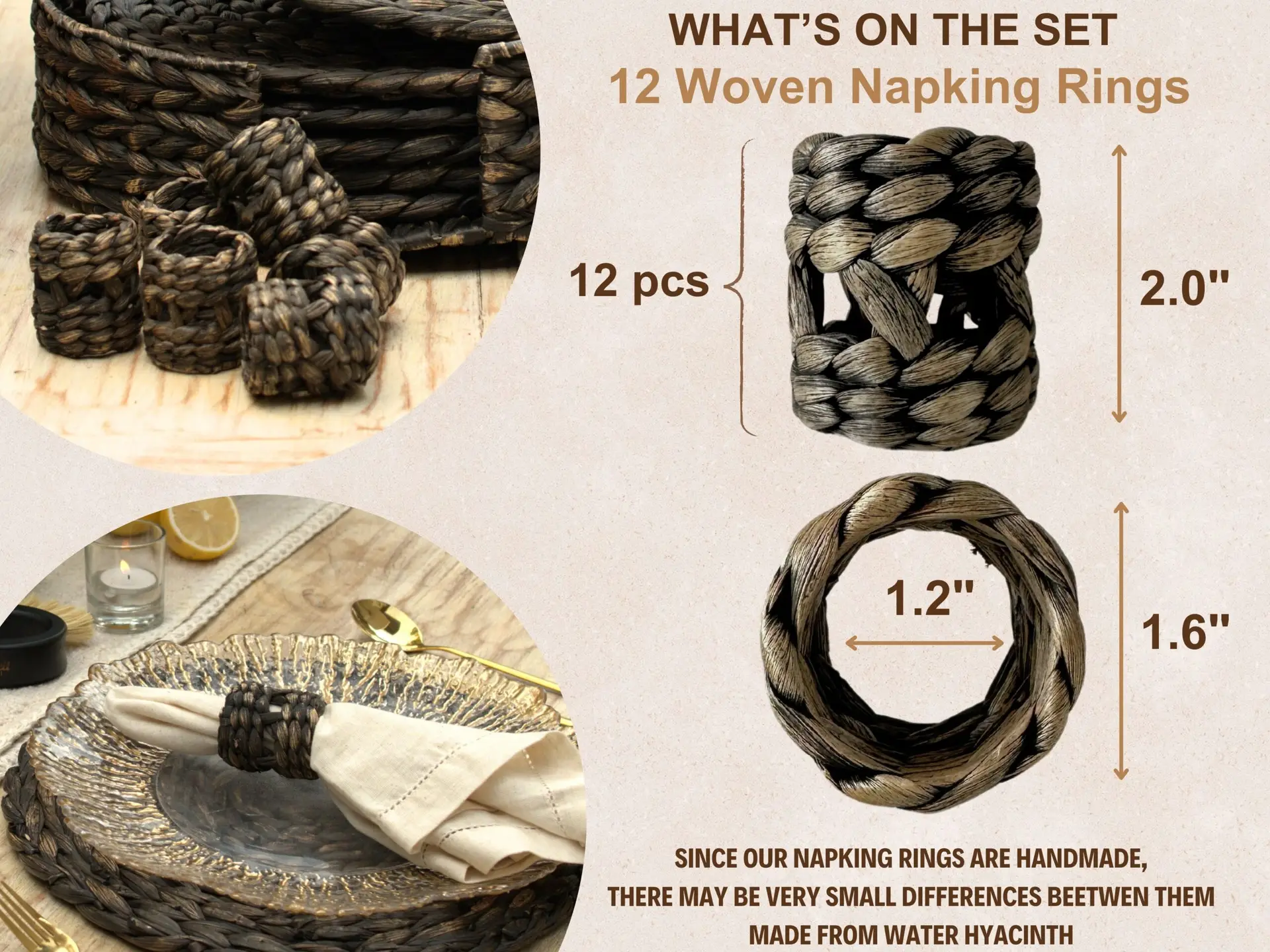 DecoraWell Woven Napkin Rings Set of 12, Rattan Napkin Rings for Christmas, Baby Shower, Birthday, Rustic Wedding Decorations, Farmhouse, Boho Tabletop Decor Set(Black Hyacinth) - Görsel 3