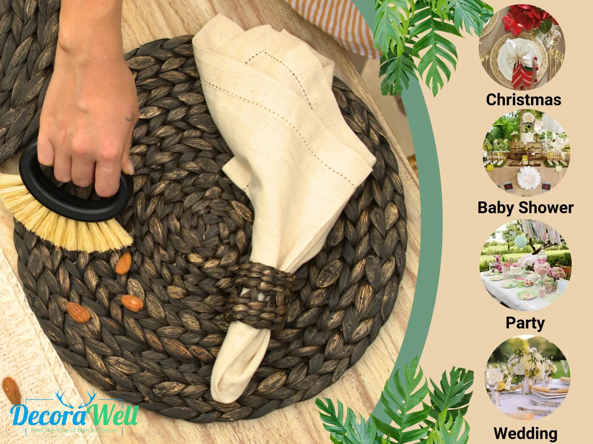 DecoraWell Woven Napkin Rings Set of 12, Rattan Napkin Rings for Christmas, Baby Shower, Birthday, Rustic Wedding Decorations, Farmhouse, Boho Tabletop Decor Set(Black Hyacinth) - Görsel 6