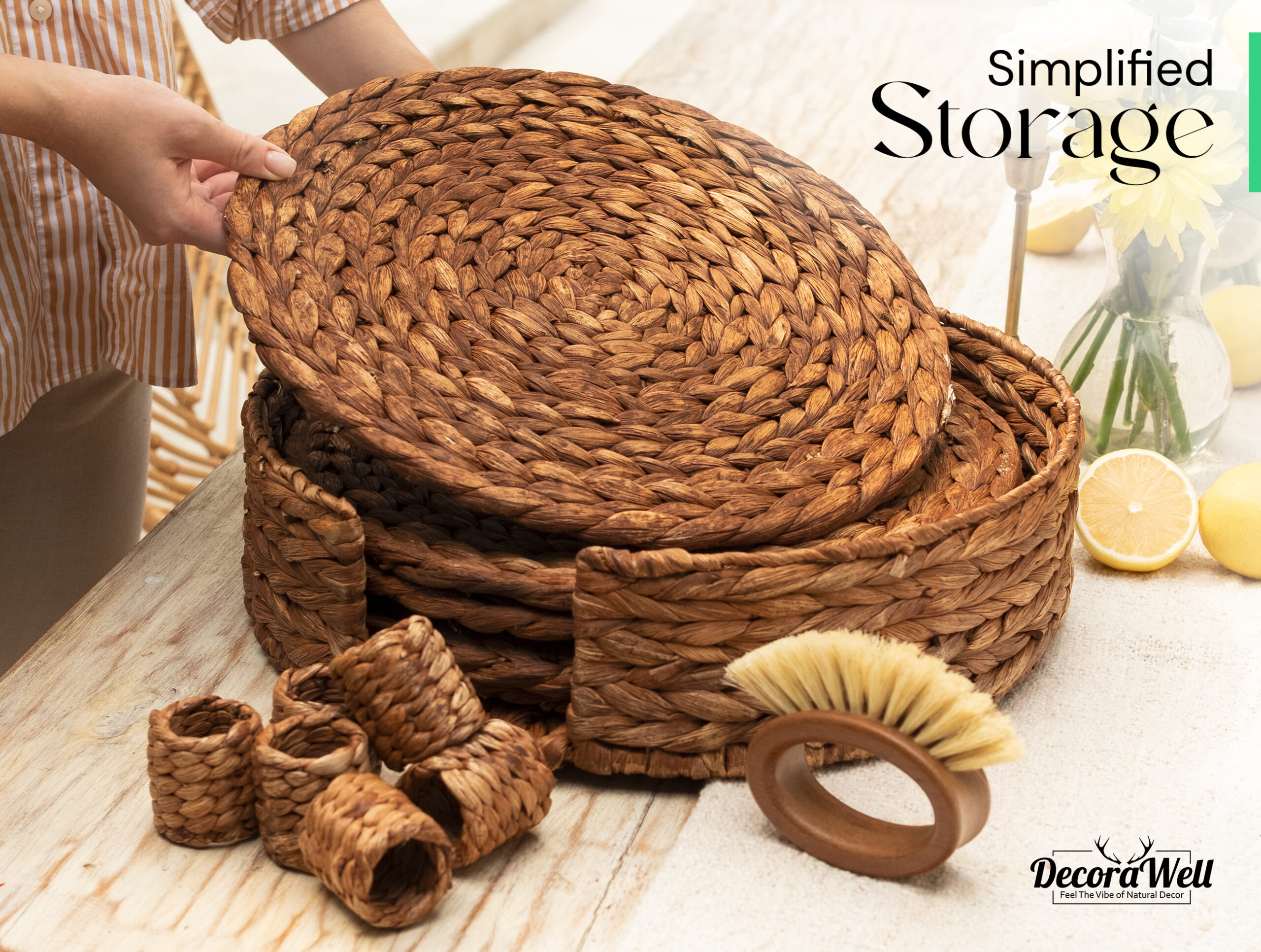 Round Woven Placemats Set of 6 | Handmade Wicker Placemats with Bamboo Brush | Rattan Chargers for Dinner Plates | Rustic Boho Placemats (Round Brown, 13.5 in) - Görsel 8