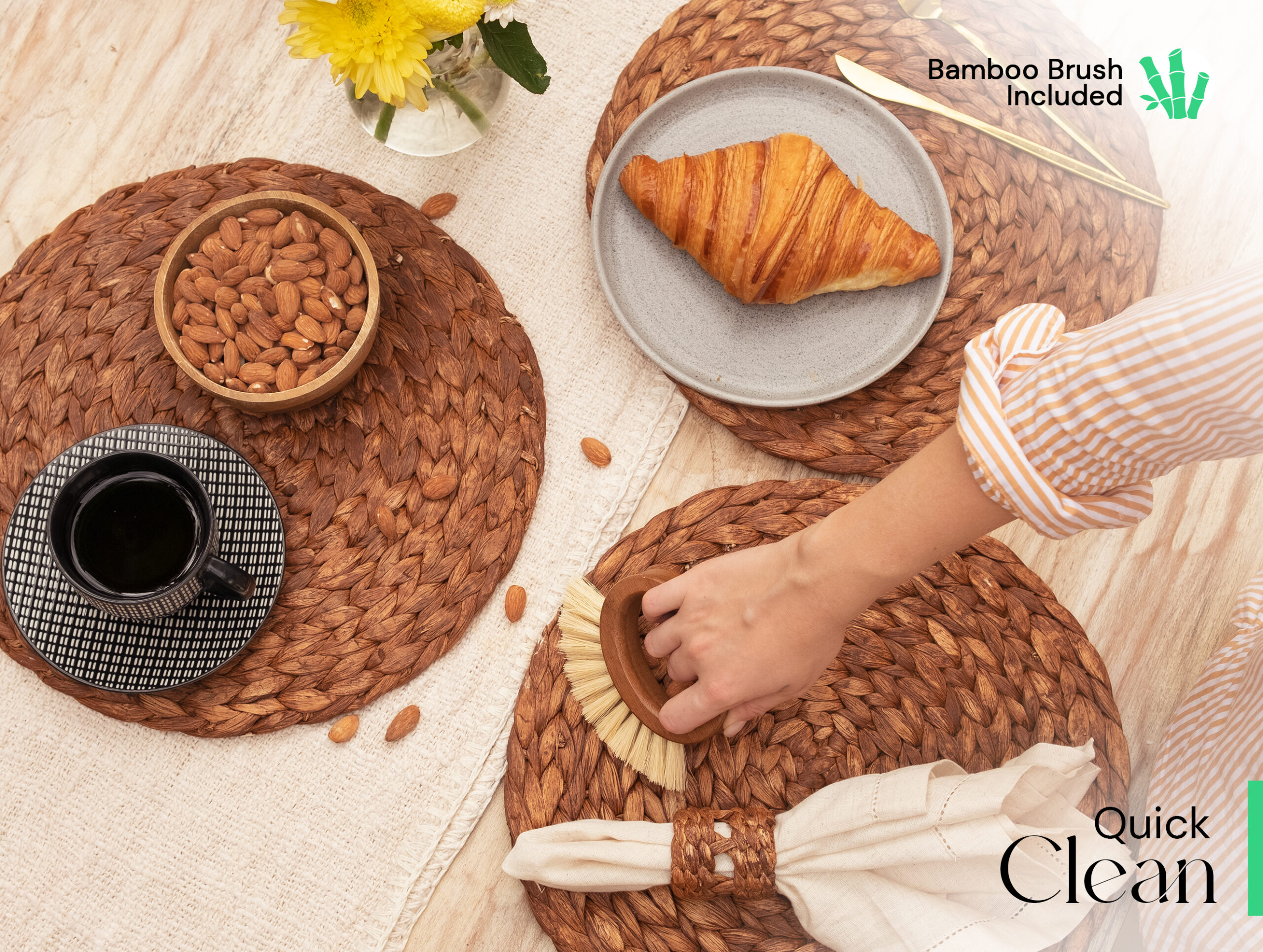 Round Woven Placemats Set of 6 | Handmade Wicker Placemats with Bamboo Brush | Rattan Chargers for Dinner Plates | Rustic Boho Placemats (Round Brown, 13.5 in) - Görsel 6