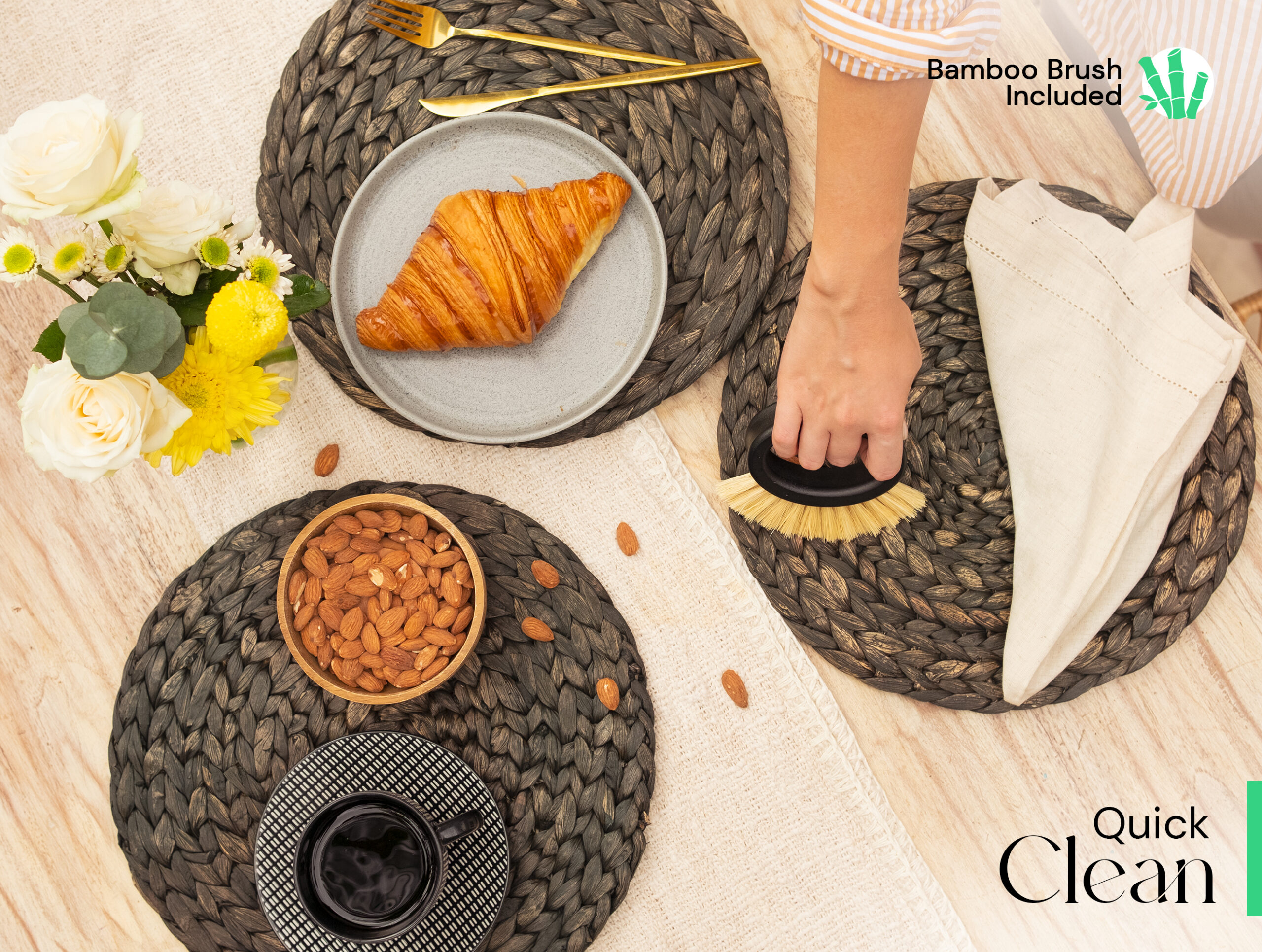 Round Woven Placemats Set of 6 | Handmade Wicker Placemats with Bamboo Brush | Rattan Chargers for Dinner Plates | Rustic Boho Placemats (Round Black, 13.5 in) - Görsel 4