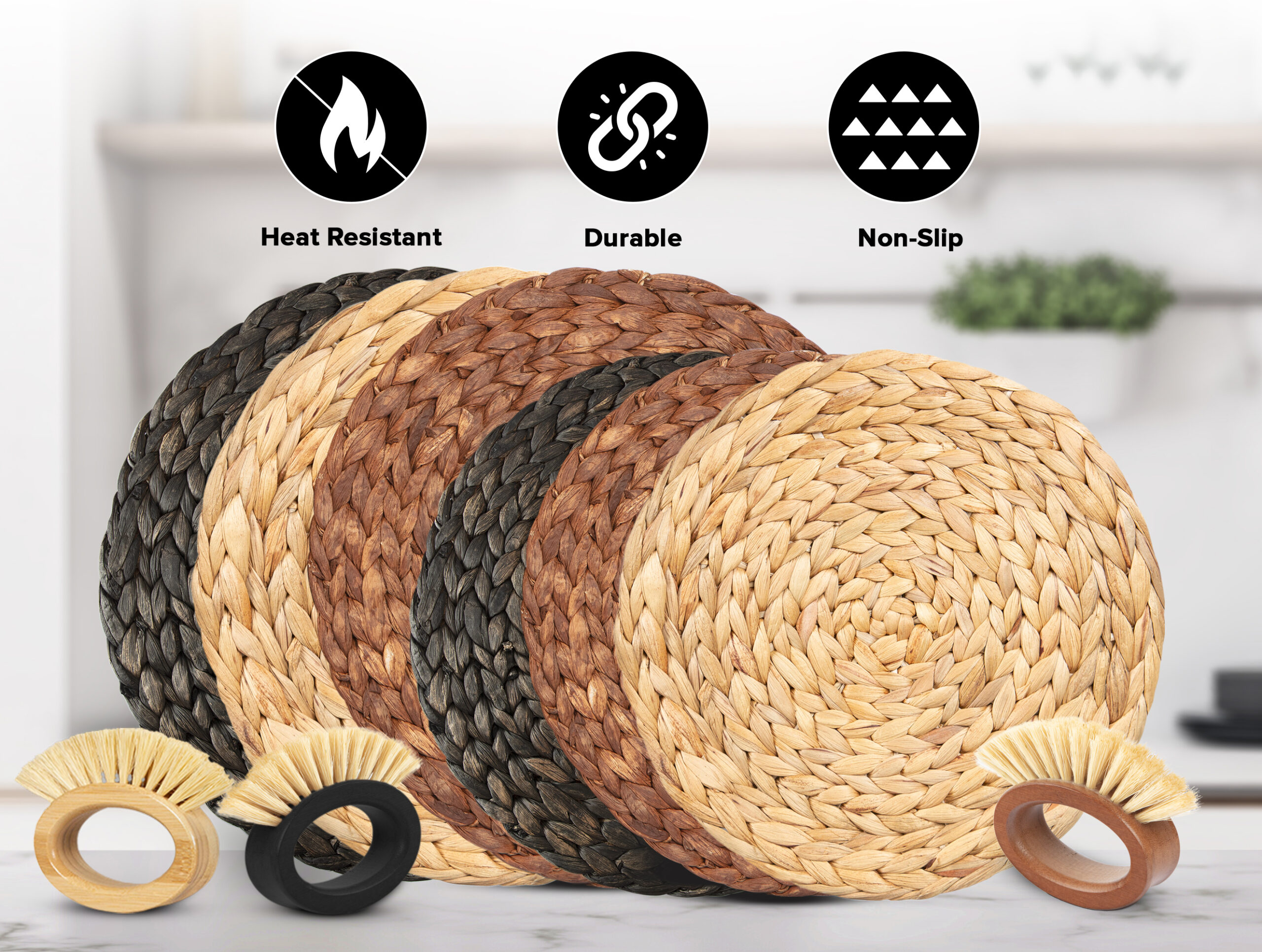Round Woven Placemats Set of 6 | Handmade Wicker Placemats with Bamboo Brush | Rattan Chargers for Dinner Plates | Rustic Boho Placemats (Round Black, 13.5 in) - Görsel 8