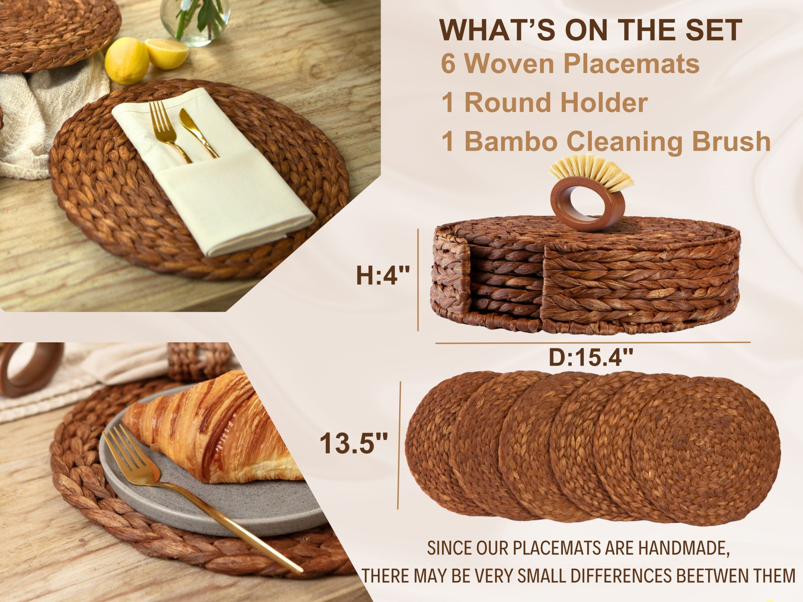Round Woven Placemats Set of 6 | Handmade Wicker Placemats with Bamboo Brush | Rattan Chargers for Dinner Plates | Rustic Boho Placemats (Round Brown, 13.5 in) - Görsel 3