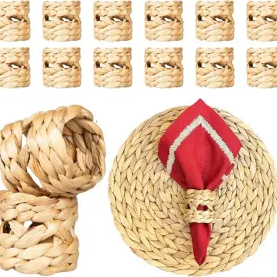 DecoraWell Woven Napkin Rings Set of 12, Rattan Napkin Rings for Christmas, Baby Shower, Birthday, Rustic Wedding Decorations, Farmhouse, Boho Tabletop Decor Set(Natural Hyacinth)