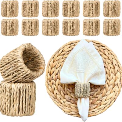 DecoraWell Woven Napkin Rings Set of 12, Rattan Napkin Rings for Christmas, Baby Shower, Birthday, Rustic Wedding Decorations, Farmhouse, Boho Tabletop Decor Set(Carnation)